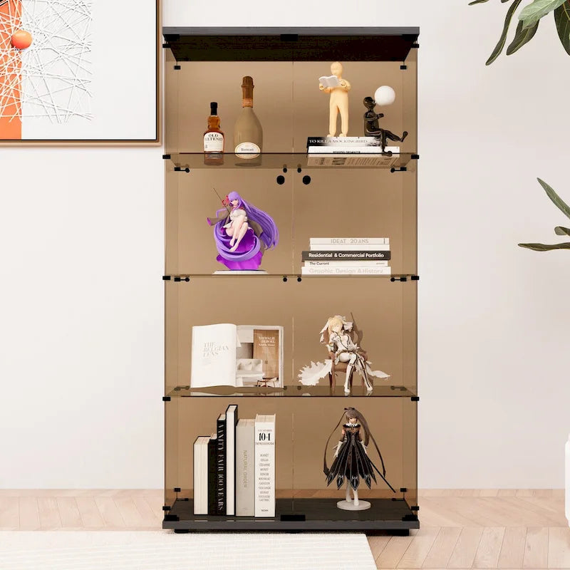 Two-door Glass Display Cabinet 4 Shelves with Door, Floor Standing Curio Bookshelf ,64.7*31.7*14.3,Black