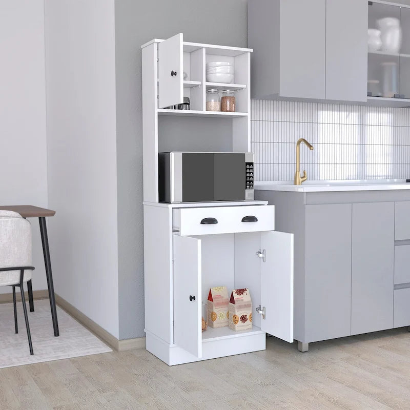Microwave Storage Stand with 3 Doors and Drawer - White / Macadamia Finish