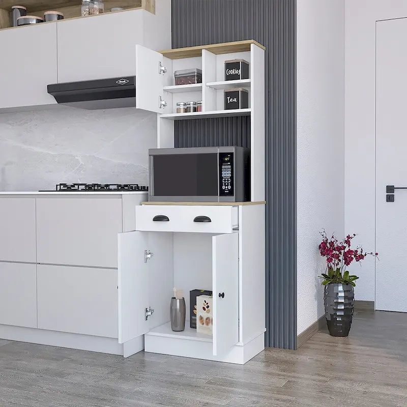 Microwave Storage Stand with 3 Doors and Drawer - White / Macadamia Finish