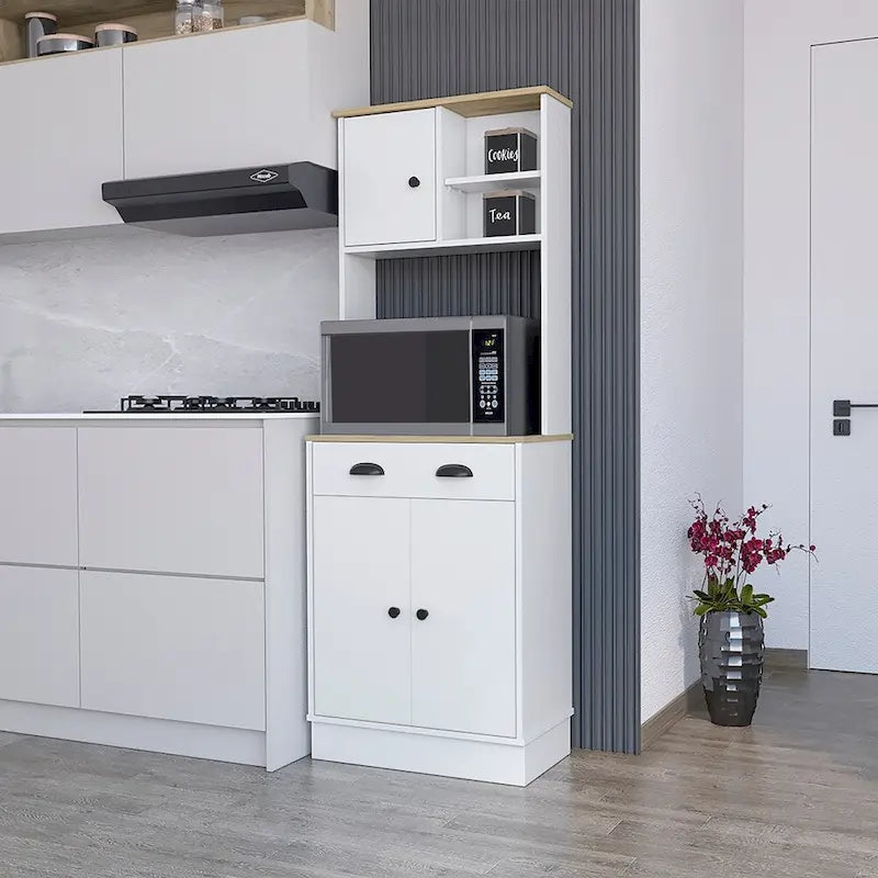 Microwave Storage Stand with 3 Doors and Drawer - White / Macadamia Finish