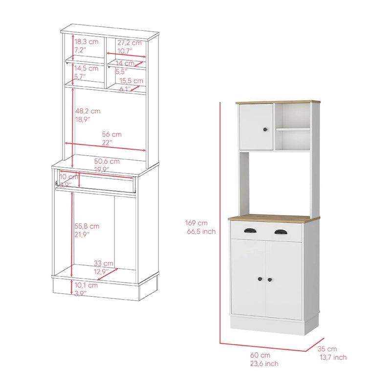 Microwave Storage Stand with 3 Doors and Drawer - White / Macadamia Finish