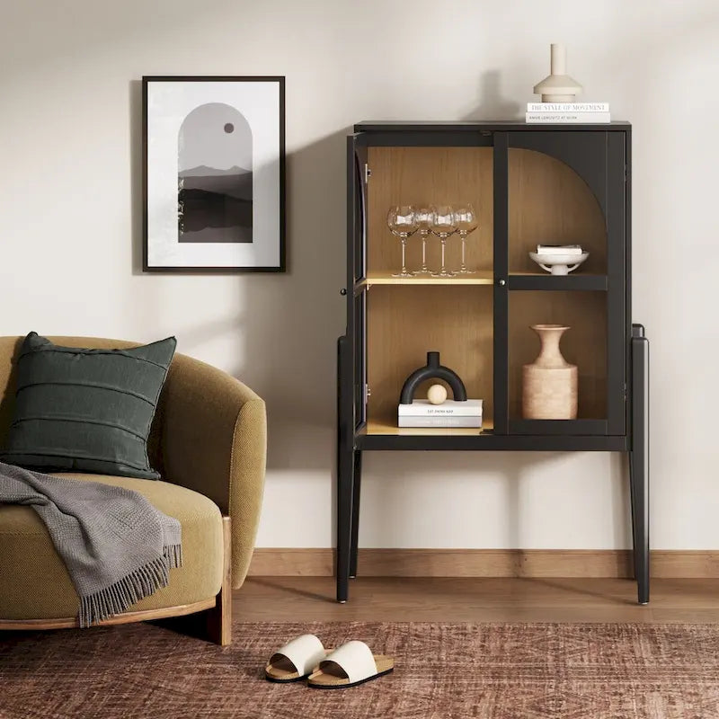 Mid-Century Modern Credenza or Sideboard Cabinet with Glass Doors, Kitchen Pantry Storage Cabinet with Wooden Frame