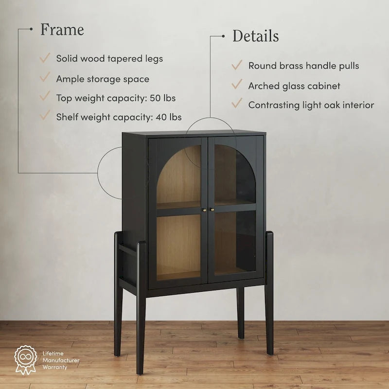 Mid-Century Modern Credenza or Sideboard Cabinet with Glass Doors, Kitchen Pantry Storage Cabinet with Wooden Frame