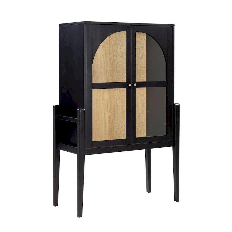 Mid-Century Modern Credenza or Sideboard Cabinet with Glass Doors, Kitchen Pantry Storage Cabinet with Wooden Frame
