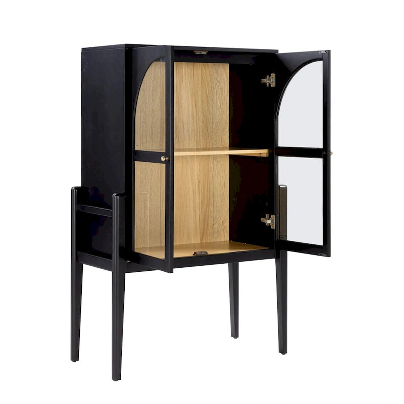 Mid-Century Modern Credenza or Sideboard Cabinet with Glass Doors, Kitchen Pantry Storage Cabinet with Wooden Frame