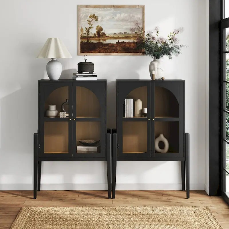 Mid-Century Modern Credenza or Sideboard Cabinet with Glass Doors, Kitchen Pantry Storage Cabinet with Wooden Frame