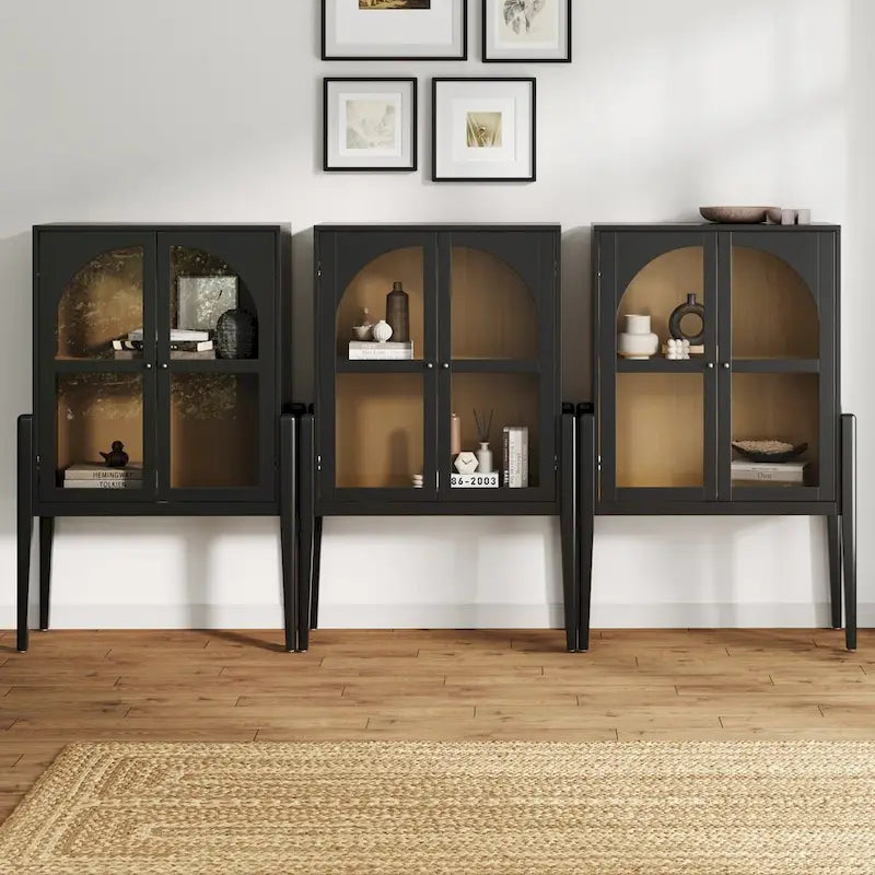 Mid-Century Modern Credenza or Sideboard Cabinet with Glass Doors, Kitchen Pantry Storage Cabinet with Wooden Frame