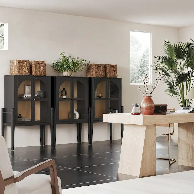 Mid-Century Modern Credenza or Sideboard Cabinet with Glass Doors, Kitchen Pantry Storage Cabinet with Wooden Frame