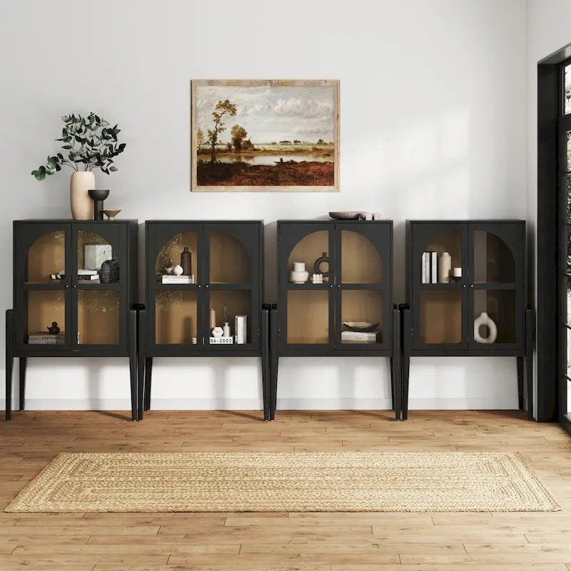 Mid-Century Modern Credenza or Sideboard Cabinet with Glass Doors, Kitchen Pantry Storage Cabinet with Wooden Frame