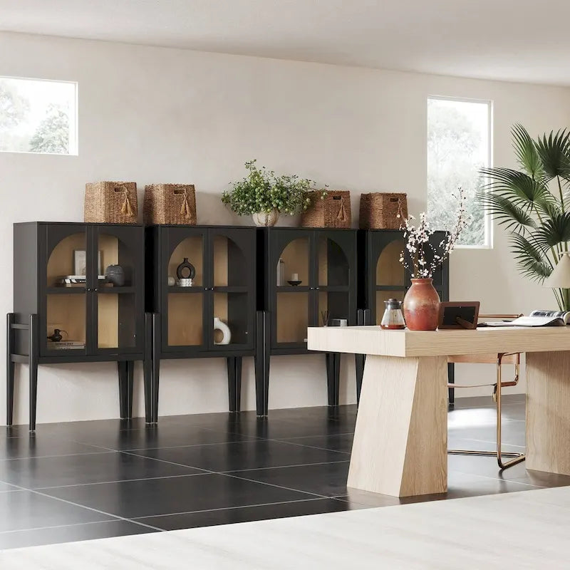 Mid-Century Modern Credenza or Sideboard Cabinet with Glass Doors, Kitchen Pantry Storage Cabinet with Wooden Frame