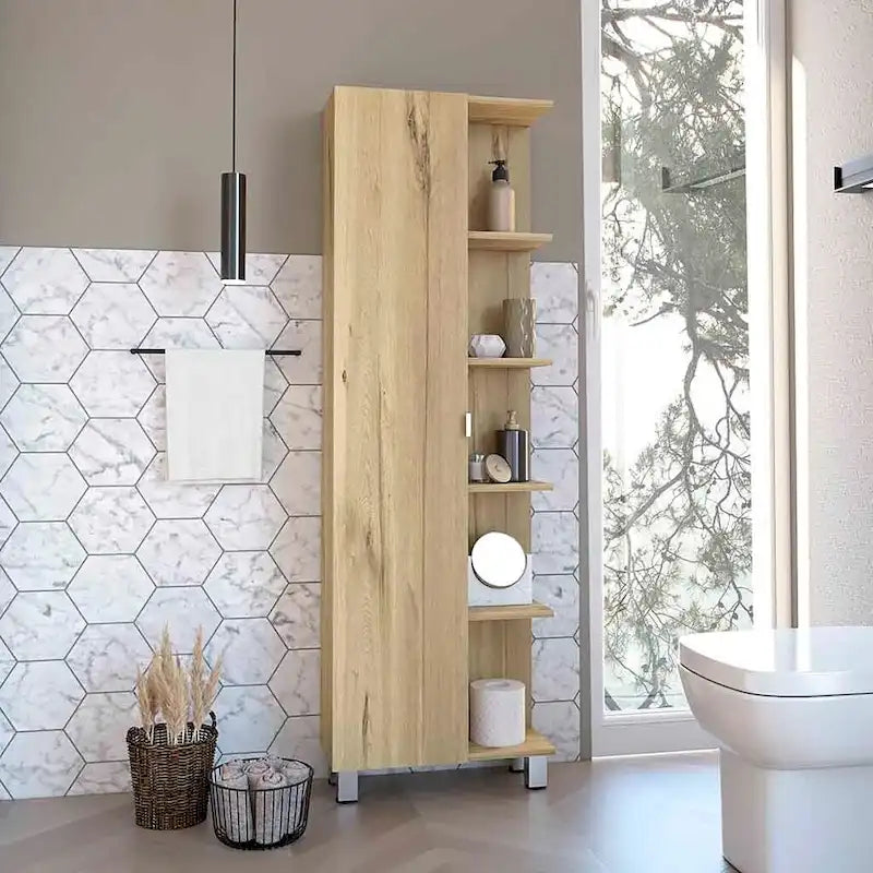 Corner Cabinet with Five Open Shelves, Single Door, Light Gray Finish