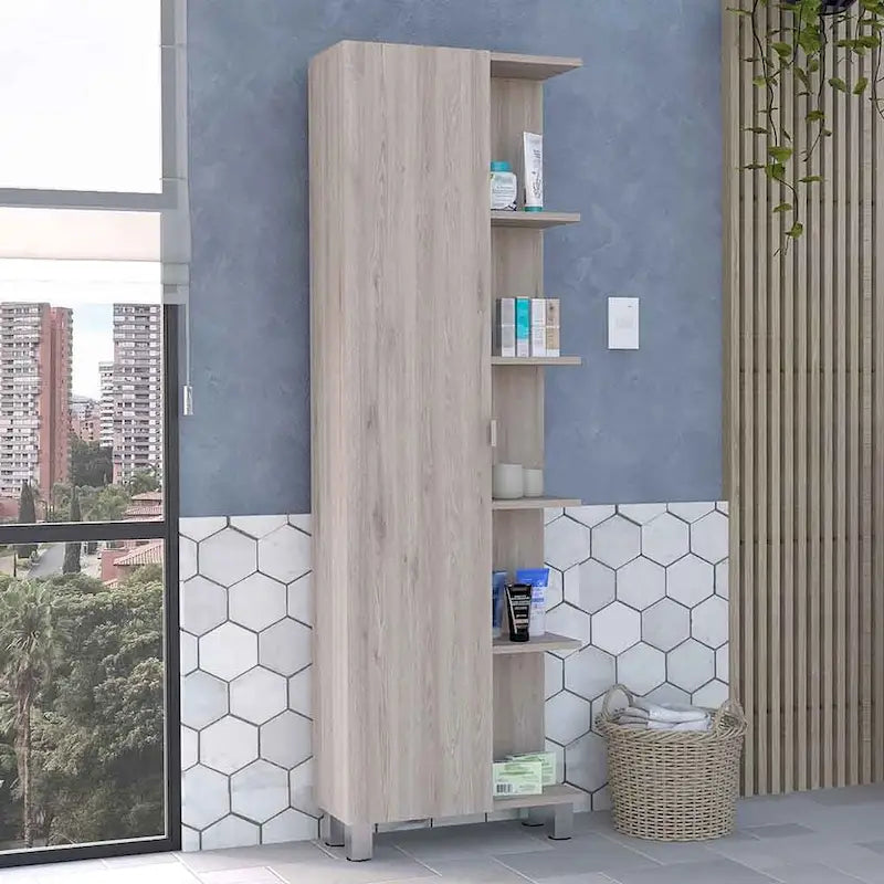 Corner Cabinet with Five Open Shelves, Single Door, Light Gray Finish