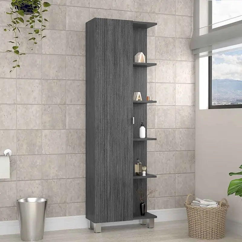 Corner Cabinet with Five Open Shelves, Single Door, Light Gray Finish