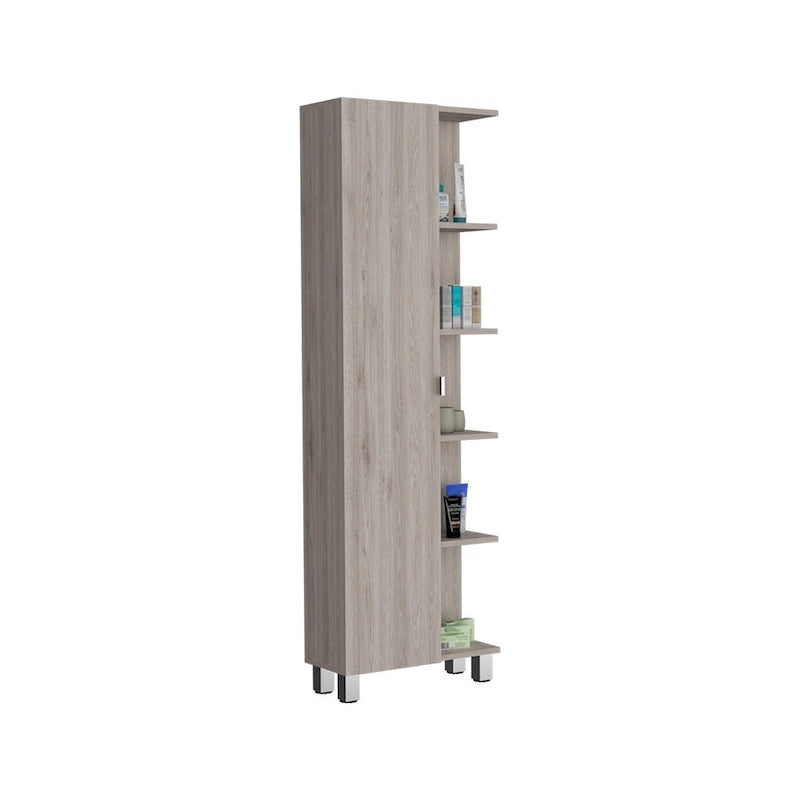 Corner Cabinet with Five Open Shelves, Single Door, Light Gray Finish