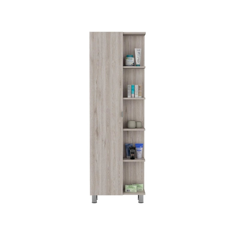 Corner Cabinet with Five Open Shelves, Single Door, Light Gray Finish