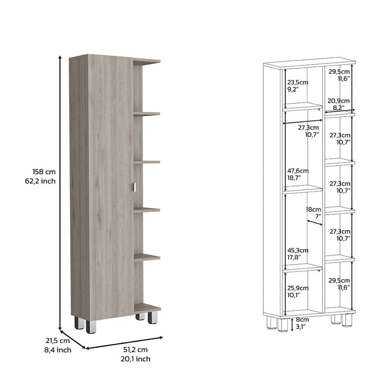 Corner Cabinet with Five Open Shelves, Single Door, Light Gray Finish