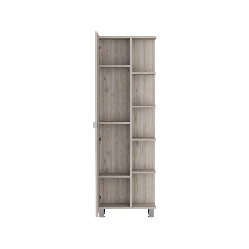 Corner Cabinet with Five Open Shelves, Single Door, Light Gray Finish