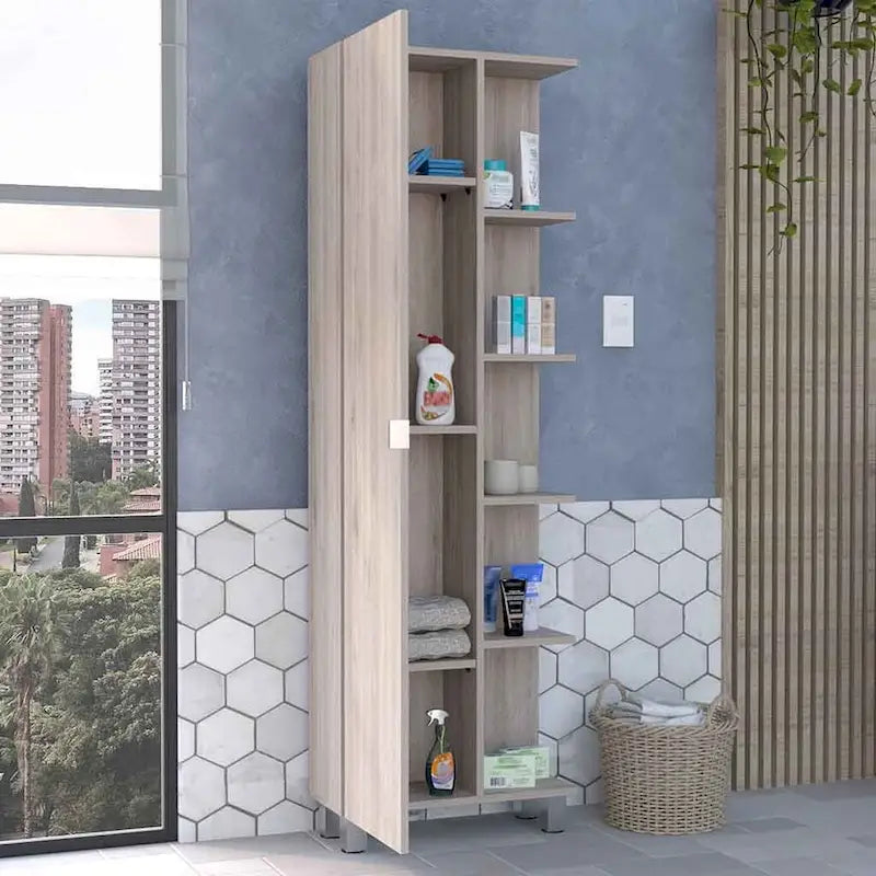 Corner Cabinet with Five Open Shelves, Single Door, Light Gray Finish