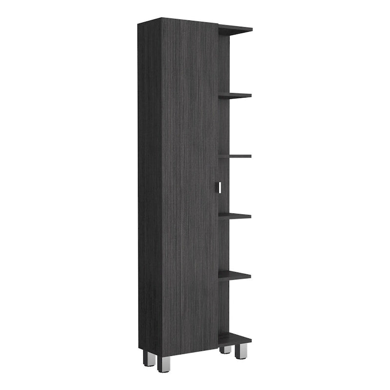 Corner Cabinet with Five Open Shelves, Single Door, Light Gray Finish