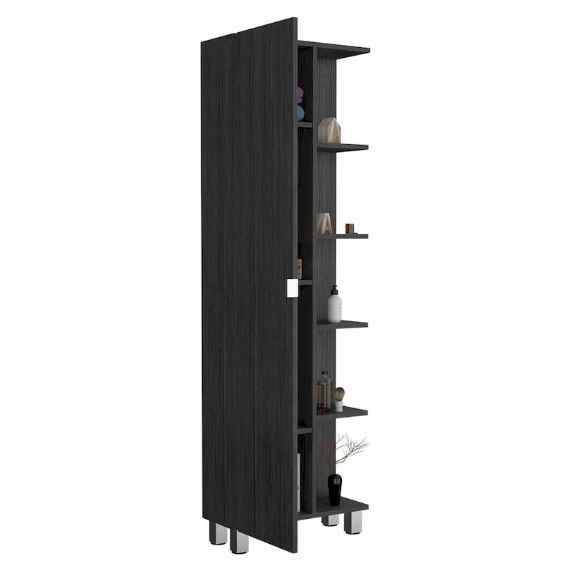 Corner Cabinet with Five Open Shelves, Single Door, Light Gray Finish