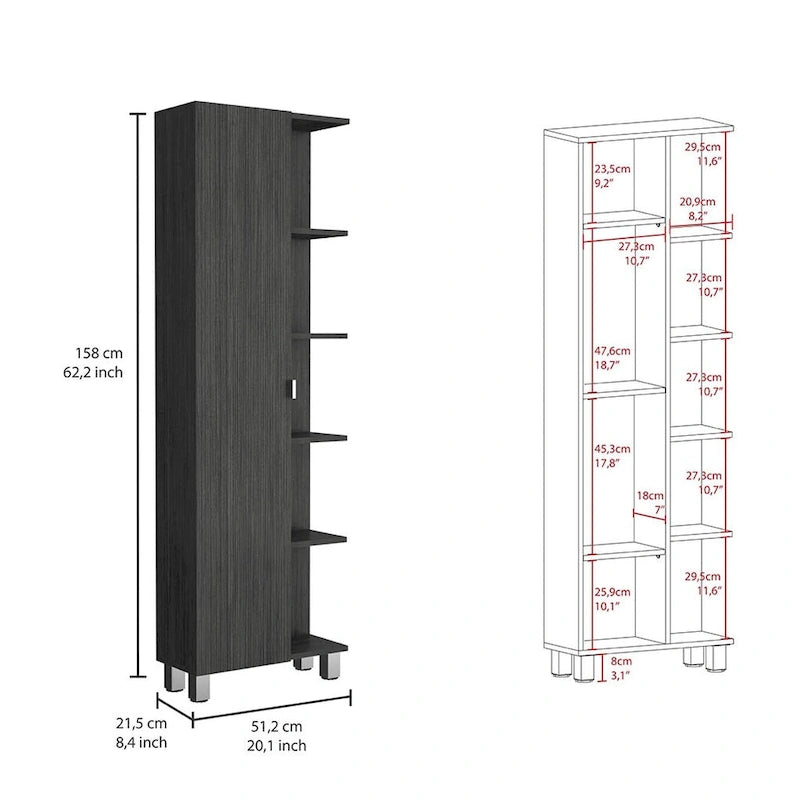Corner Cabinet with Five Open Shelves, Single Door, Light Gray Finish