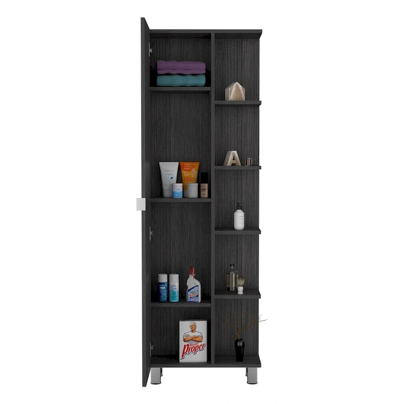 Corner Cabinet with Five Open Shelves, Single Door, Light Gray Finish