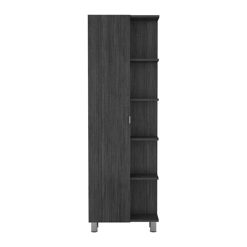 Corner Cabinet with Five Open Shelves, Single Door, Light Gray Finish