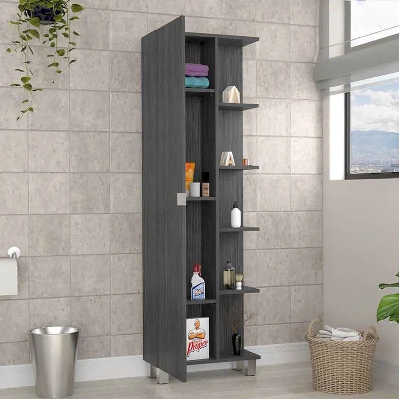 Corner Cabinet with Five Open Shelves, Single Door, Light Gray Finish