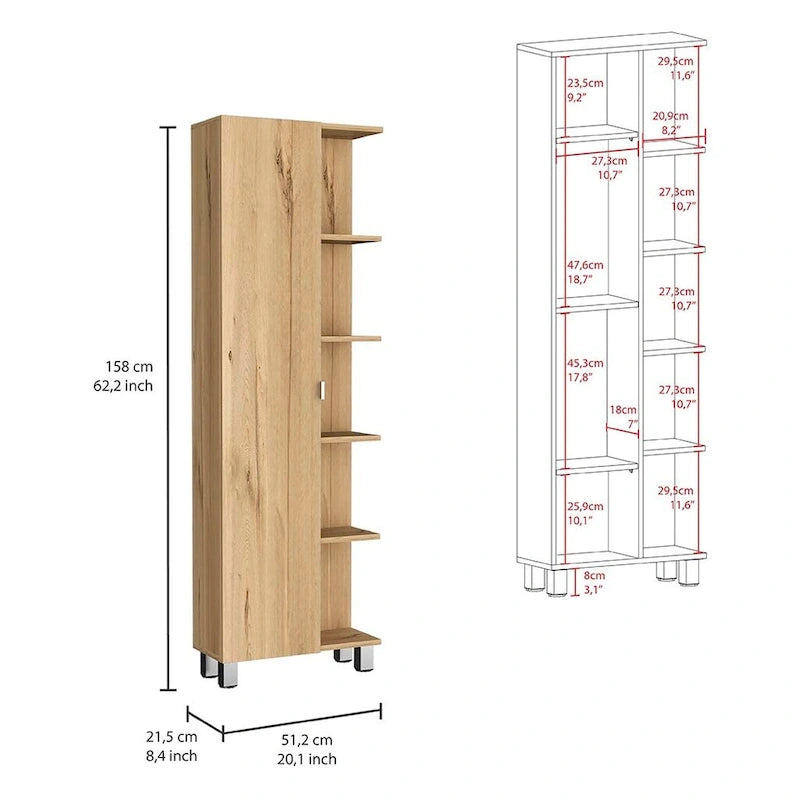 Corner Cabinet with Five Open Shelves, Single Door, Light Gray Finish