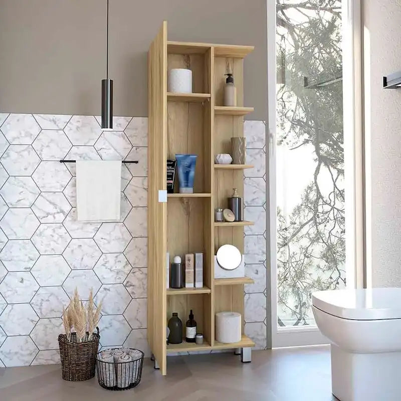 Corner Cabinet with Five Open Shelves, Single Door, Light Gray Finish