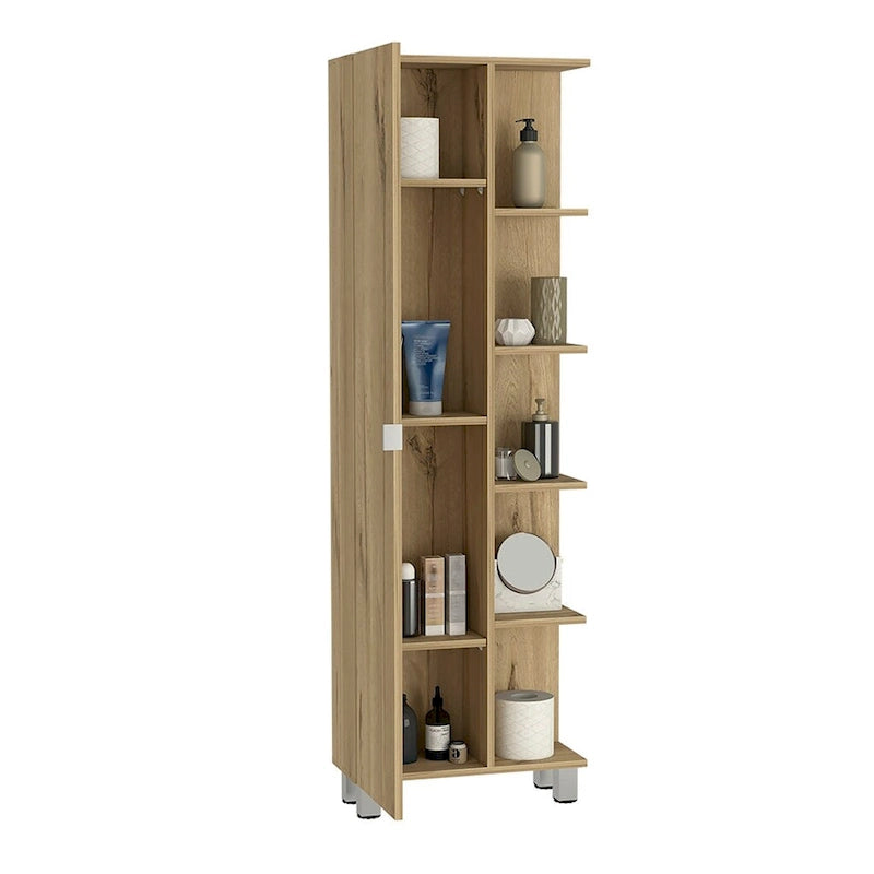 Corner Cabinet with Five Open Shelves, Single Door, Light Gray Finish