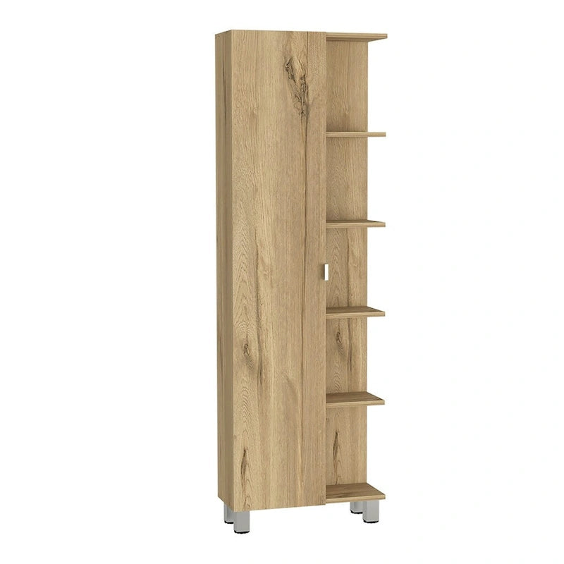 Corner Cabinet with Five Open Shelves, Single Door, Light Gray Finish