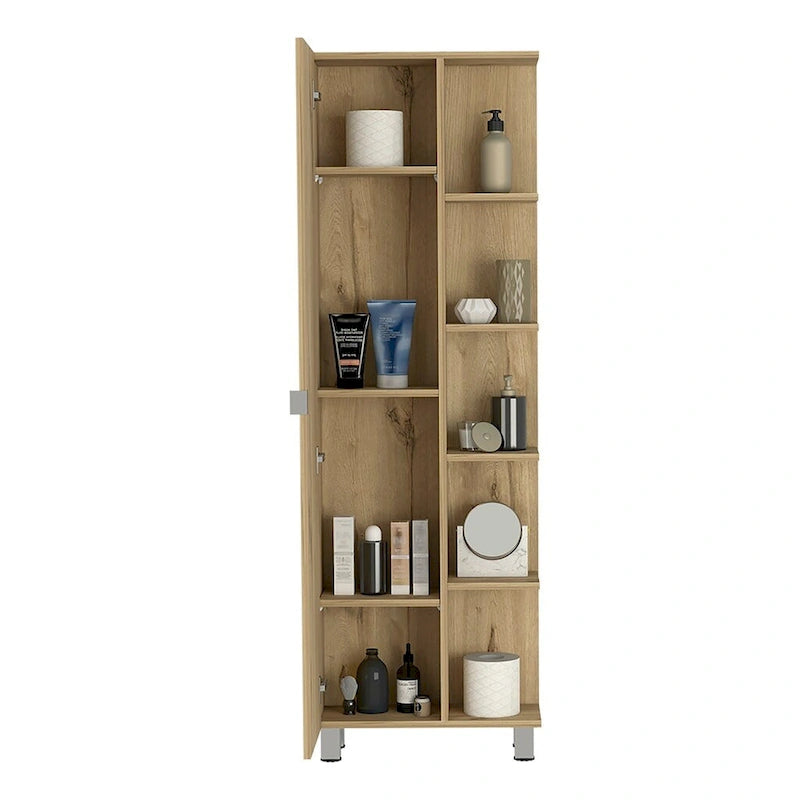 Corner Cabinet with Five Open Shelves, Single Door, Light Gray Finish