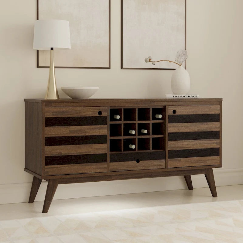Solid Acacia Wood 60" Mid Century Sideboard with Wine Storage in Rustic Natural Aged Brown