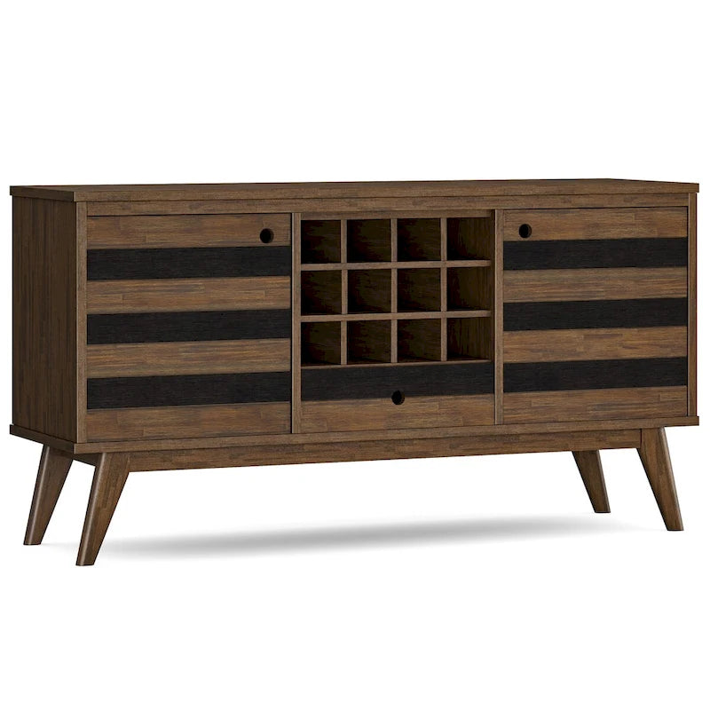 Solid Acacia Wood 60" Mid Century Sideboard with Wine Storage in Rustic Natural Aged Brown