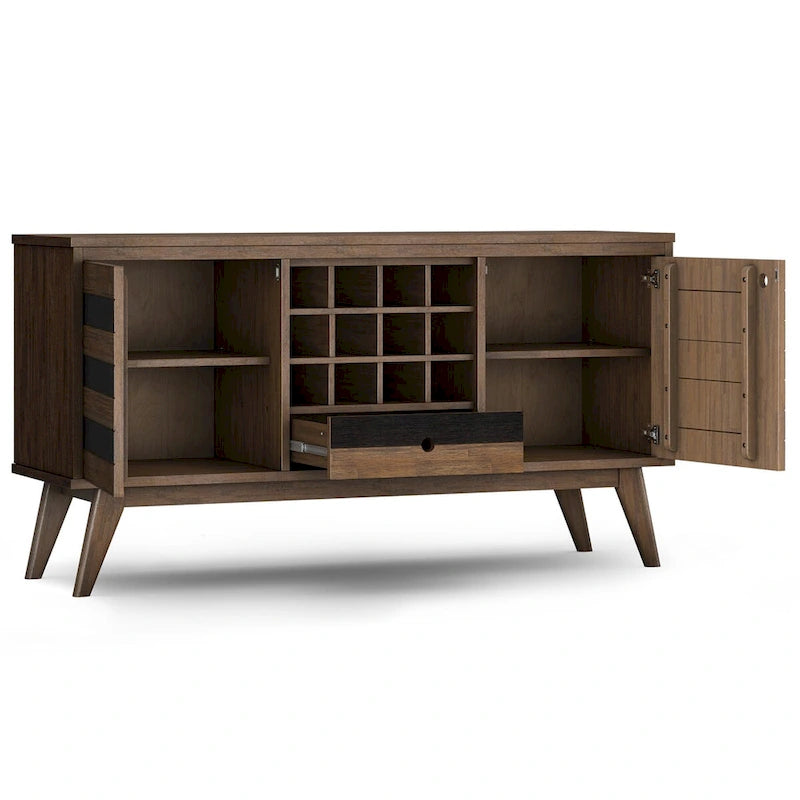 Solid Acacia Wood 60" Mid Century Sideboard with Wine Storage in Rustic Natural Aged Brown