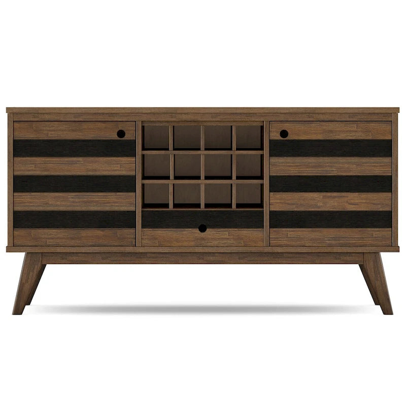 Solid Acacia Wood 60" Mid Century Sideboard with Wine Storage in Rustic Natural Aged Brown