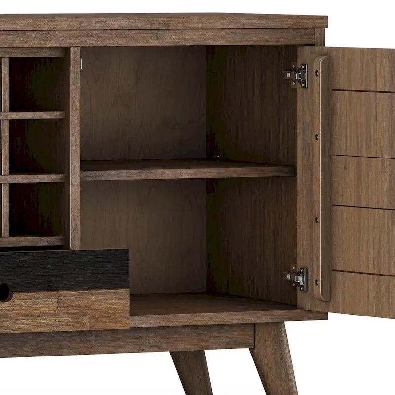 Solid Acacia Wood 60" Mid Century Sideboard with Wine Storage in Rustic Natural Aged Brown