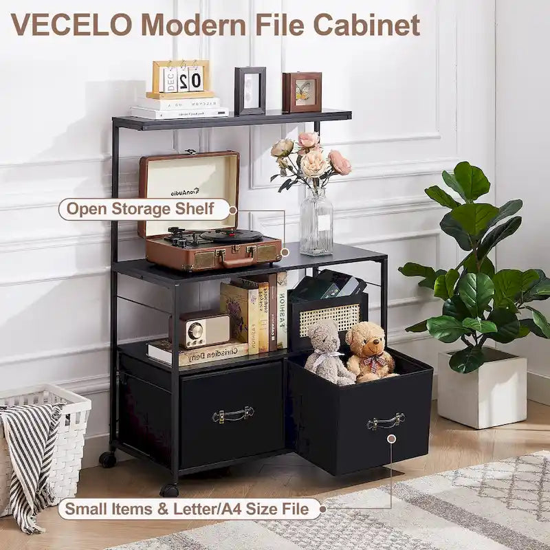 2-Drawer Lateral File Cabinet, Mobile Printer Stand with Open Storage Shelf for Home Office