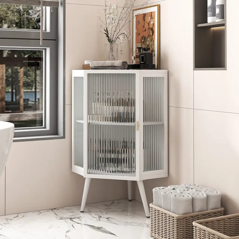 22.25Floor Coner Cabinet with Tempered Glass Door & Storage Shelves for Bathroom, Living Room, Bedroom (White)