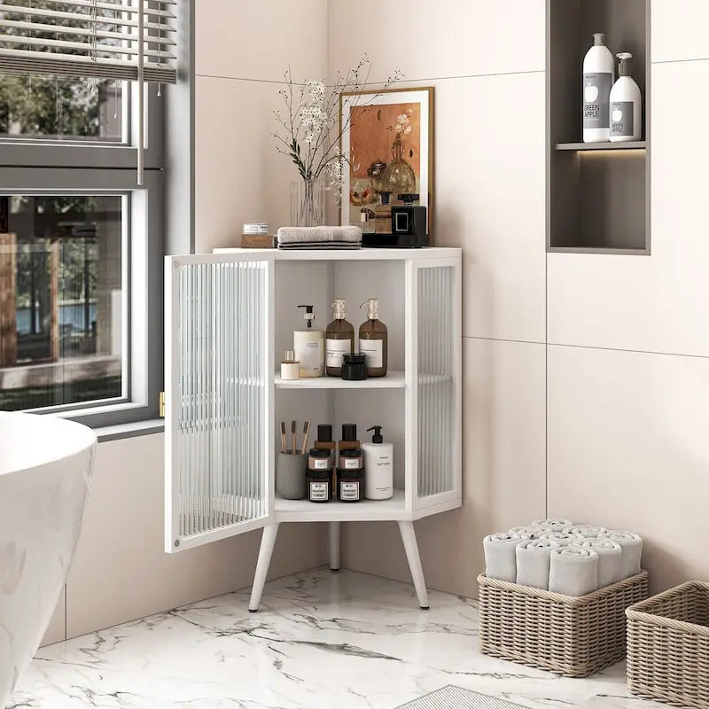22.25Floor Coner Cabinet with Tempered Glass Door & Storage Shelves for Bathroom, Living Room, Bedroom (White)