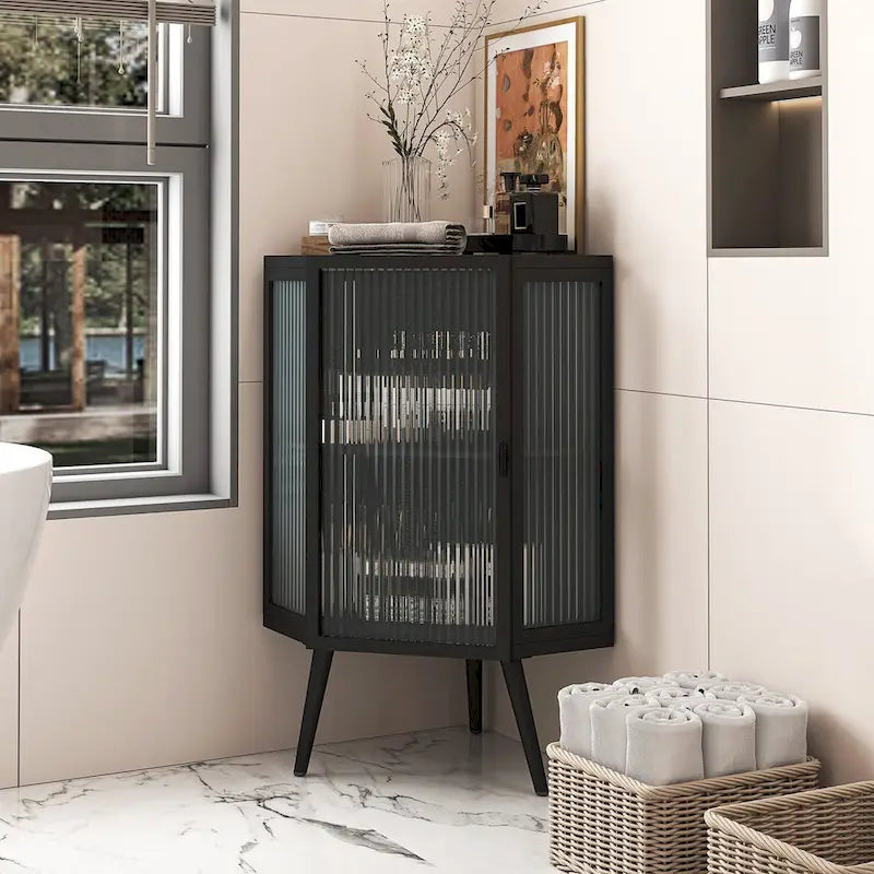 22.25Floor Coner Cabinet with Tempered Glass Door & Storage Shelves for Bathroom, Living Room, Bedroom (White)