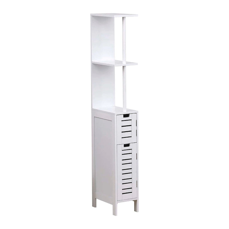 White Slim Bathroom Storage Cabinet with Open Shelves and Two Doors - 51.4H x 7.2L x 12W