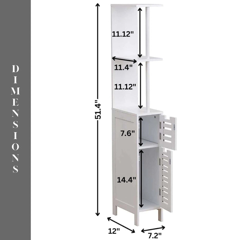 White Slim Bathroom Storage Cabinet with Open Shelves and Two Doors - 51.4H x 7.2L x 12W