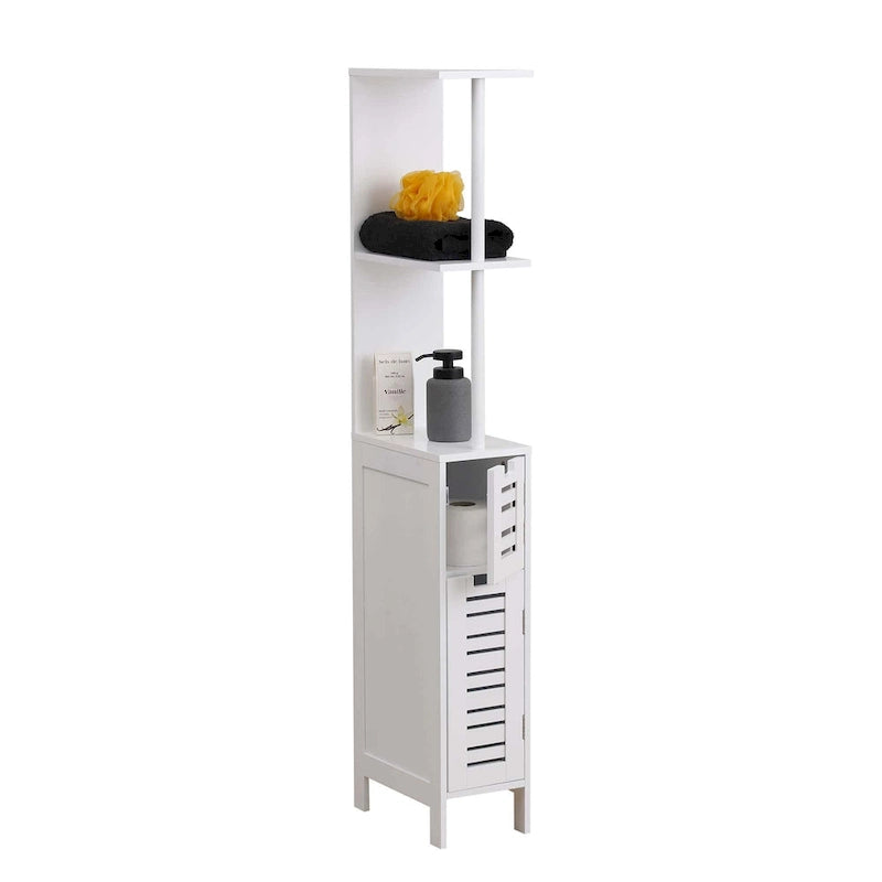 White Slim Bathroom Storage Cabinet with Open Shelves and Two Doors - 51.4H x 7.2L x 12W