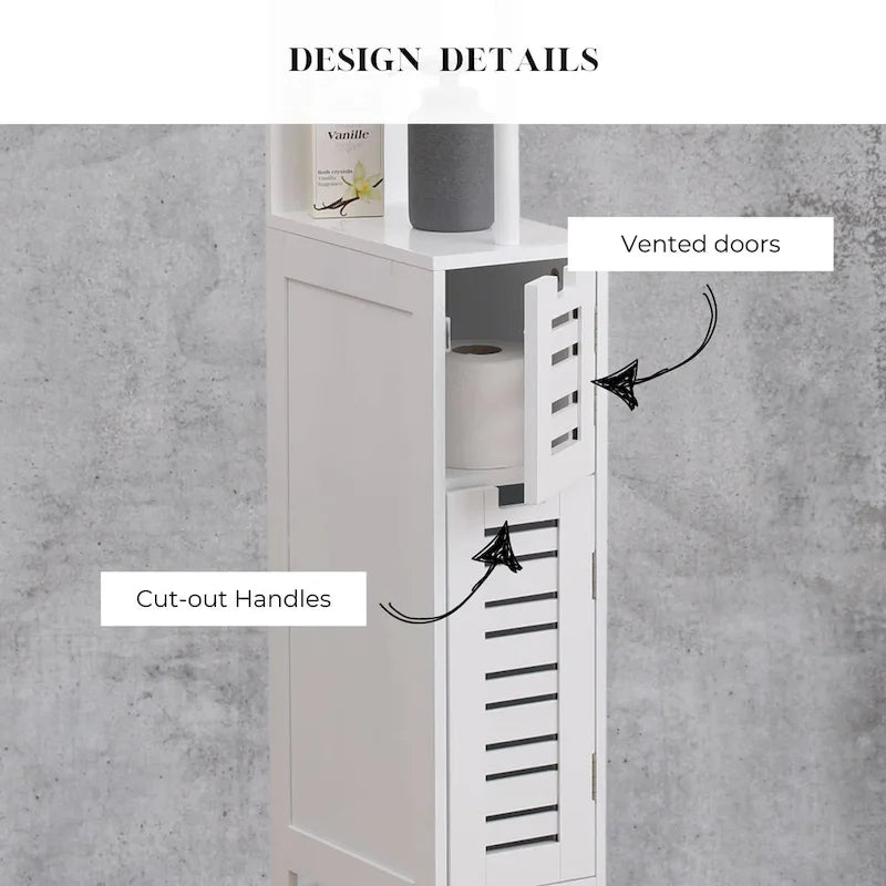 White Slim Bathroom Storage Cabinet with Open Shelves and Two Doors - 51.4H x 7.2L x 12W