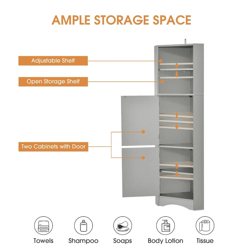 61 H Bathroom Cabinet, Freestanding Floor Storage Cabinet with Open Shelf & Doors