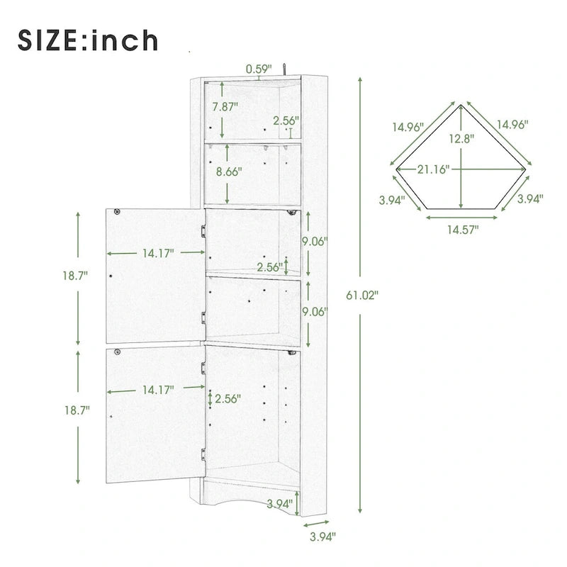 61 H Bathroom Cabinet, Freestanding Floor Storage Cabinet with Open Shelf & Doors