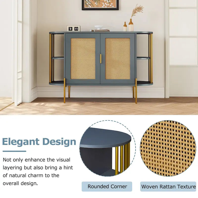 2-Door Elegant Curved Dining Cabinet with Gold Trim and Woven Rattan Doors for Dining Room