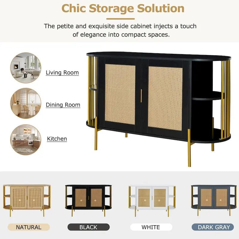 2-Door Elegant Curved Dining Cabinet with Gold Trim and Woven Rattan Doors for Dining Room